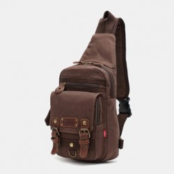 Men Genuine Leather And Canvas Travel Outdoor Carrying Bag Personal Crossbody Bag Chest Bag