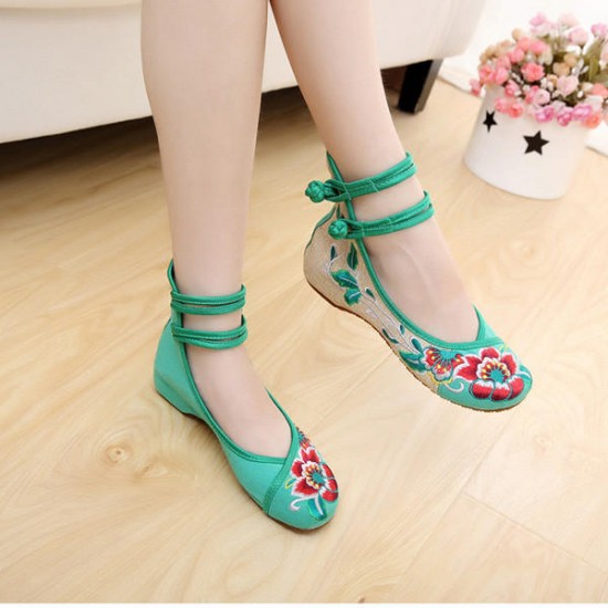 Big Size Women Mary Janes Chinese Embroidered Flower Flat Shoes Linen Loafers