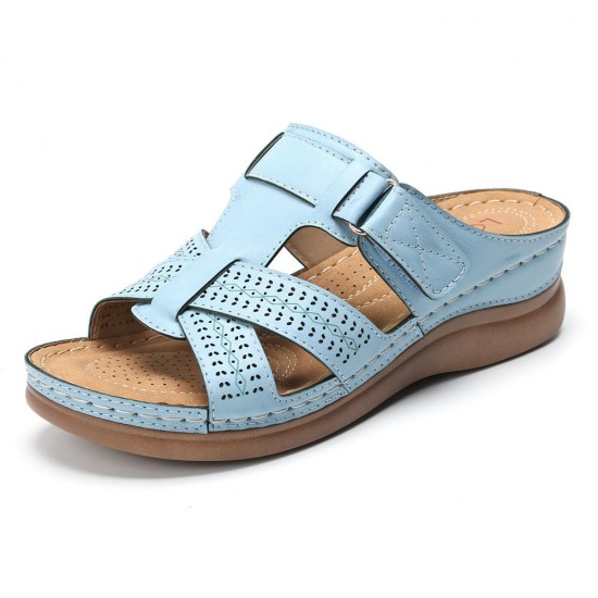 LOSTISY Women Comfy Hollow Out Hook Loop Wedges Sandals