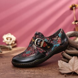 SOCOFY Retro Flowers Embroidery Leather Embossed Plum Blossom Buckle Slip On Flat Shoes