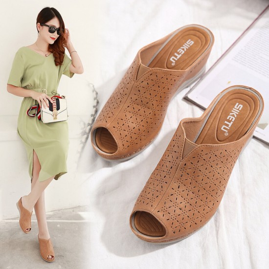Women Breathable Hollow-out Peep Toe Wedges Sandals