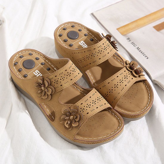 Women Flower Decoration Open Toe Message Soft Sole Comfy Casual Wedge Sandals