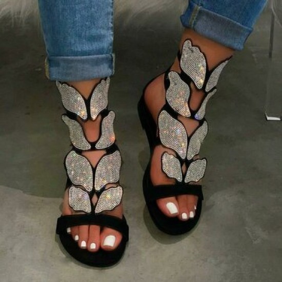 Women Rhinestone Butterfly Open Toe Fashion Party Flat Sandals