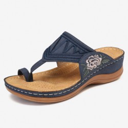 LOSTISY Women Flower Embroidery Toe Ring Comfy Casual Daily Summer Wedge Sandals