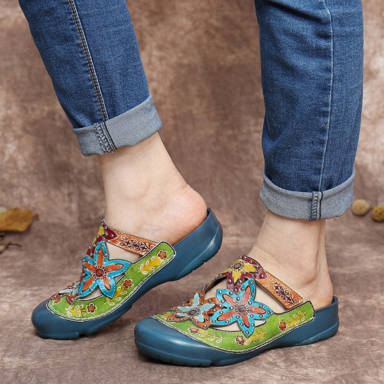 SOCOFY Handmade Leather Studded Floral Slip-on Flat Slides Mules Clogs Sandals
