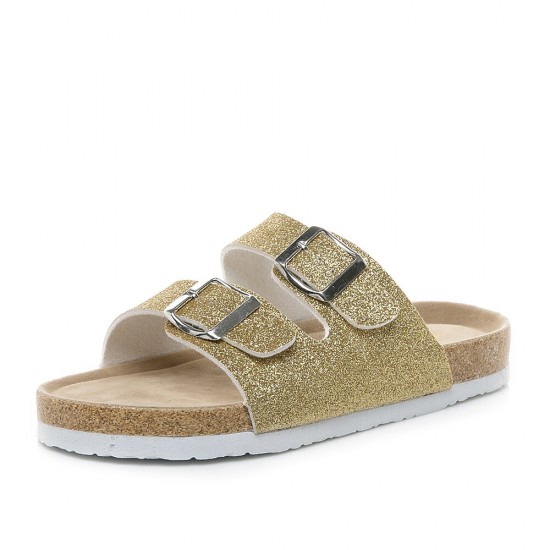 Large Size Casual Bling Sequined Dual Strap Buckle Flat Slippers Cork Sandals