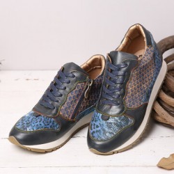 SOCOFY Retro Leather Veins Pattern Splicing Stitching Lace Up Flat Sneakers