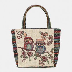 Women Colored Owl Floral Printed Pattern Patchwork Retro Large Capacity Tote Handbag