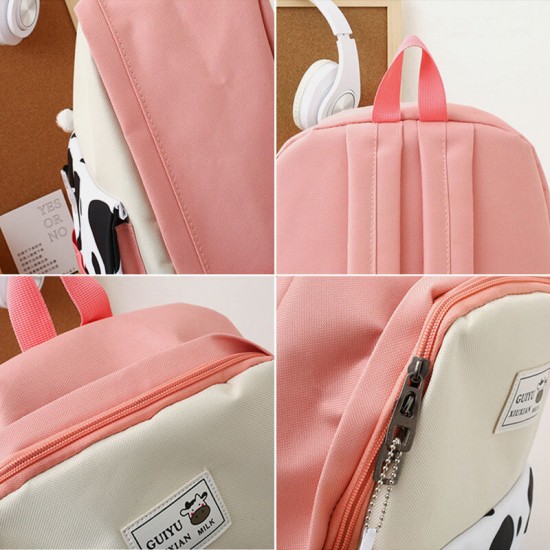 5 PCS Canvas Preppy Cow Pattern Multifunction Combination Bag Backpack Tote Crossbody Bag Clutch Wallet