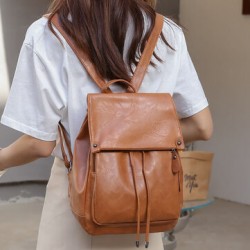 Women PU Leather Multi-pockets Inner Magnetic Button Backpack Vintage Simple Drawstring Hasp Laptop Bag